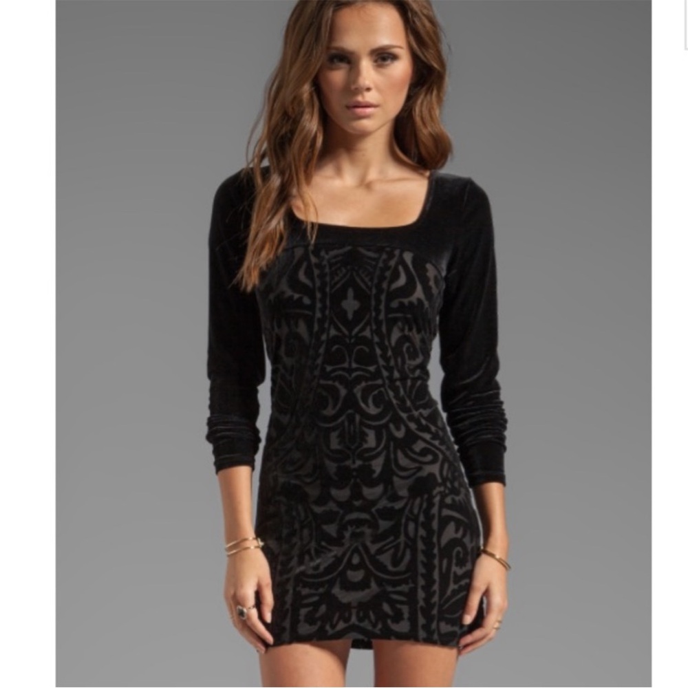 Free people long sleeve black velvet mini dress